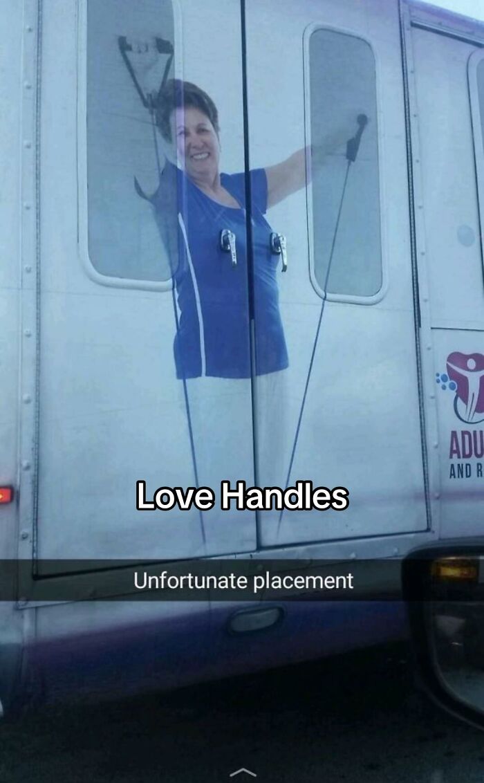 A hilariously bad design fail: a bus advertisement with a woman doing exercises, but her chest aligns with the wheels. Design fails.