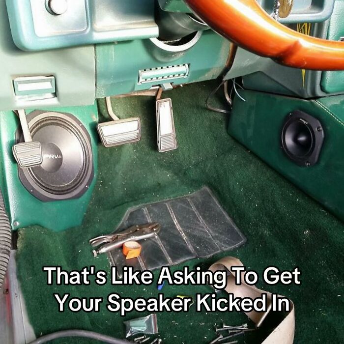 A hilariously bad design fail shows car speakers placed by the foot pedals, prone to being kicked.