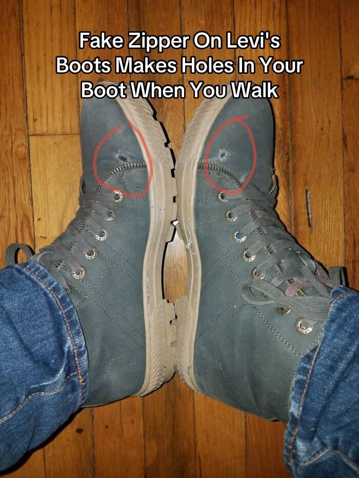 A hilariously bad design fail shows Levi's boots with a fake zipper, causing holes when worn.