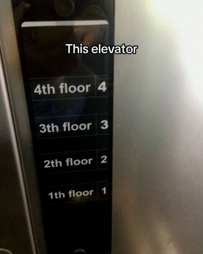 Elevator panel showing misspelled floor names in design fail