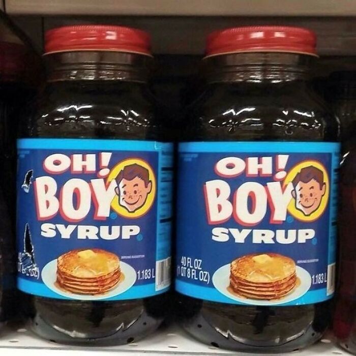 Mislabeled syrup bottles with parody branding design fail