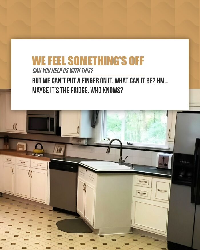 Kitchen design fail with awkwardly positioned fridge disrupting the layout