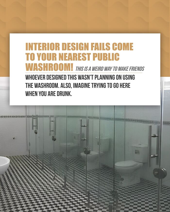 Public washroom with glass doors containing toilets causing interior design fails