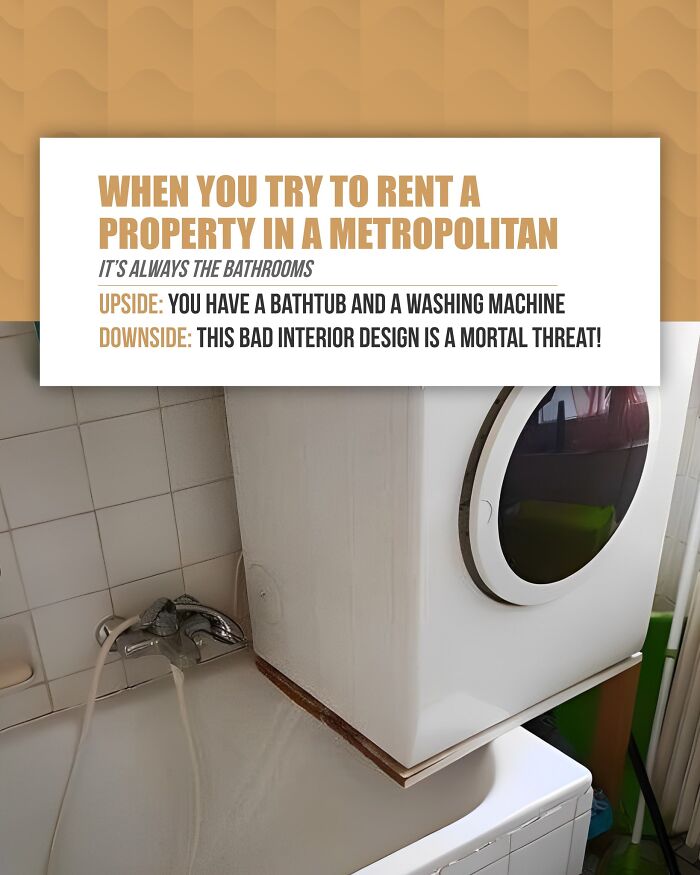Bad interior design with washing machine dangerously placed on bathtub