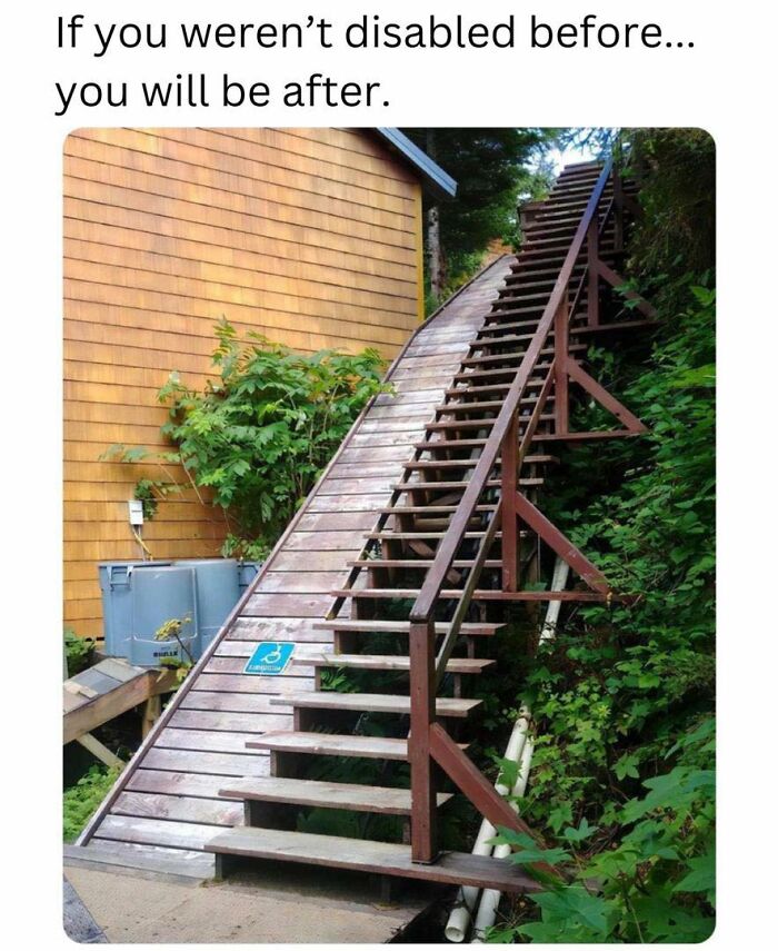 Inaccessible wooden stairs with disabled sign showing cringeworthy design fail