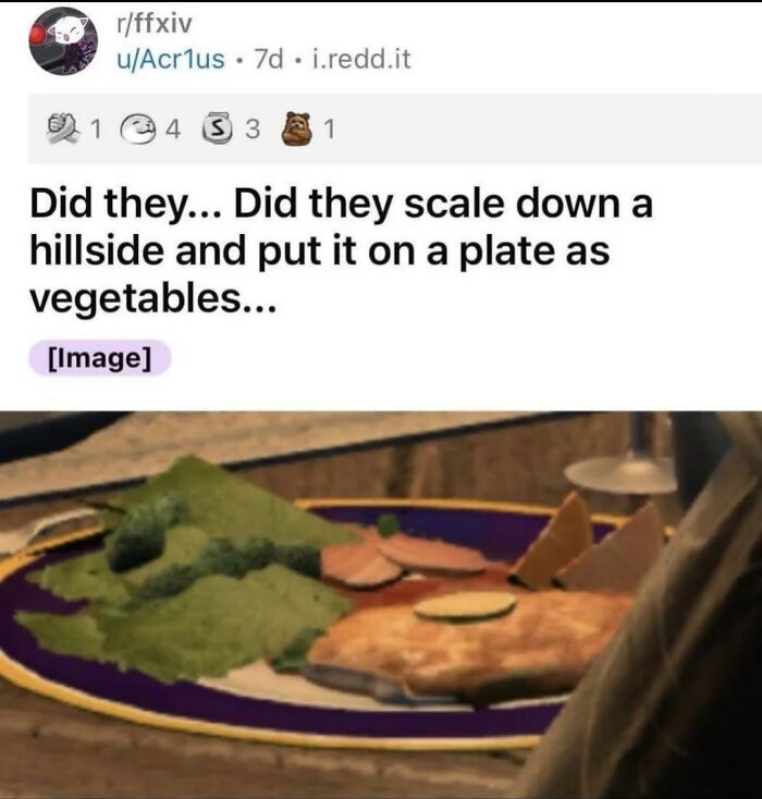 A meal on a plate resembling a scaled-down hillside. A funny random post about unusual food presentation.