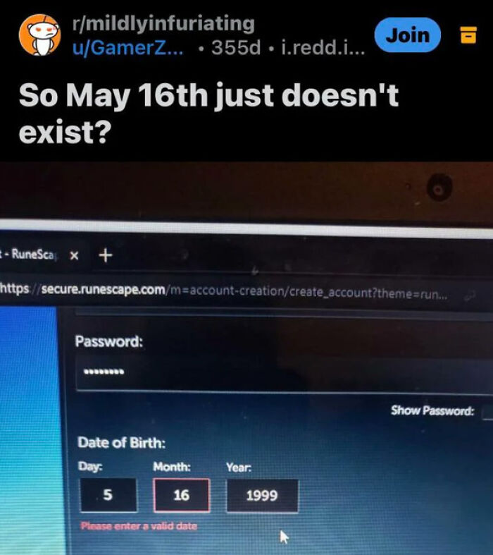 A screenshot of a date of birth form where May 16th is invalid, illustrating funny broken humor.