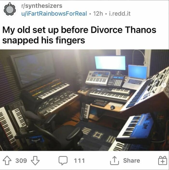 An elaborate music studio setup with multiple synthesizers, highlighting funny broken humor.