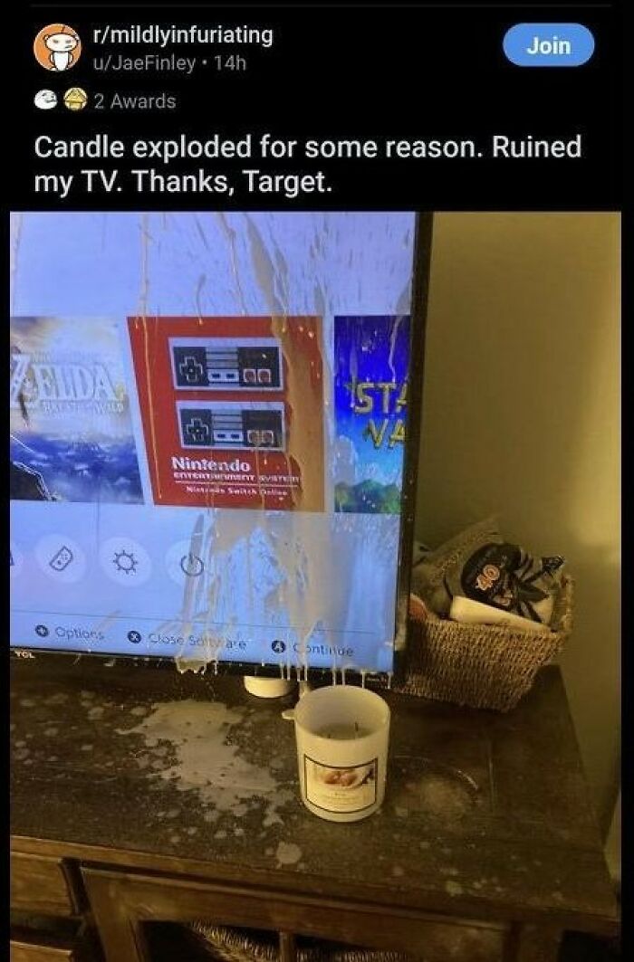 A funny image of a TV ruined by an exploding candle, highlighting a broken sense of humor experience.
