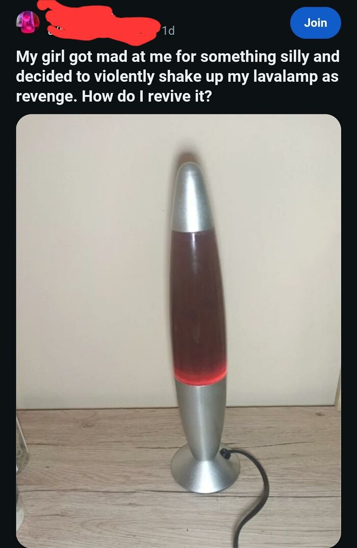 Funny image of a lava lamp with cloudy, disturbed liquid, with text asking How do I revive it, showcasing a broken sense of humor.