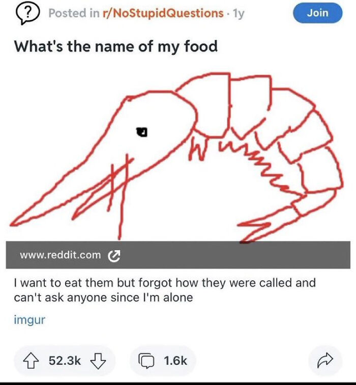 Funny image of a crudely drawn shrimp or prawn, with text asking What's the name of my food, reflecting a broken sense of humor.