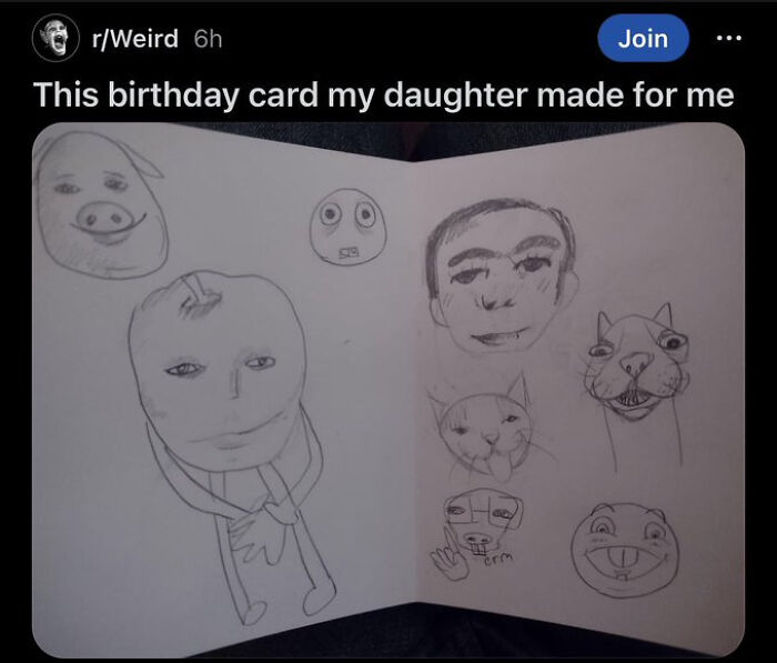 Funny image of a birthday card with various cartoonish and slightly unsettling drawings, showing a broken sense of humor.