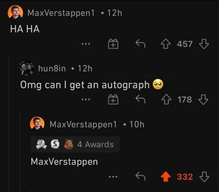 A Reddit conversation with MaxVerstappen1, a funny post if your sense of humor is broken.