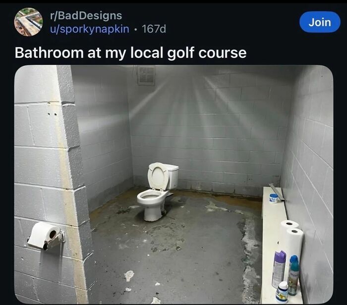 A funny image of a poorly designed, dirty, and unappealing bathroom, a broken humor moment.