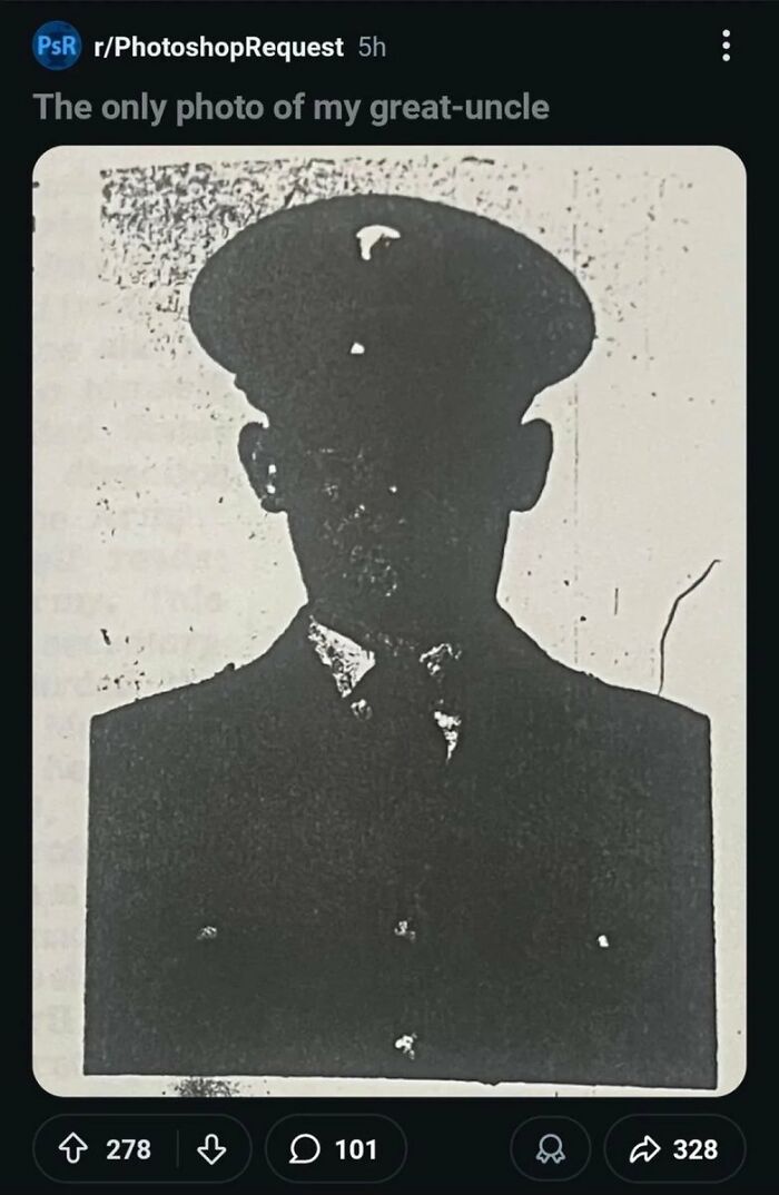 A heavily pixilated, almost entirely black image of a man in uniform. A funny post about broken humor.