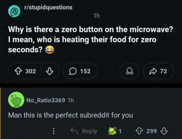 Reddit comments asking why microwaves have a zero button, labeled a stupid question. A funny post about broken humor.