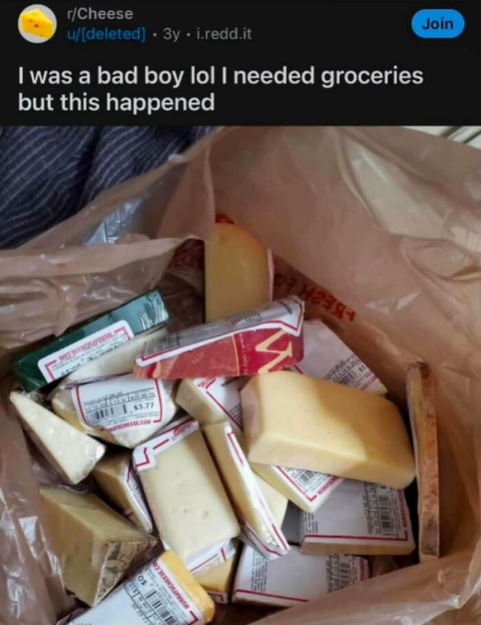 A plastic bag full of various cheeses. This humorous random post shows an indulgence.