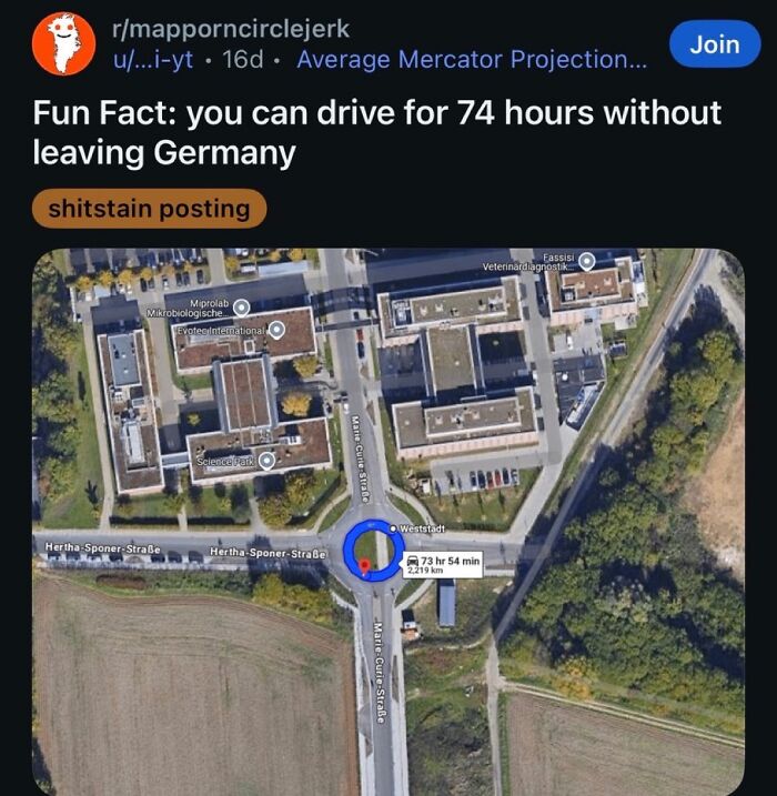 A Google Maps screenshot showing a 74-hour drive loop within Germany. A funny post about broken humor.