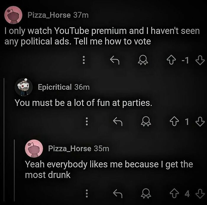 Reddit comments discussing YouTube Premium and being fun at parties. A funny post about broken humor.