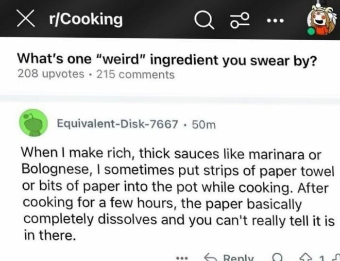 A Reddit post about a weird cooking ingredient: paper towel in sauce. A funny random post.