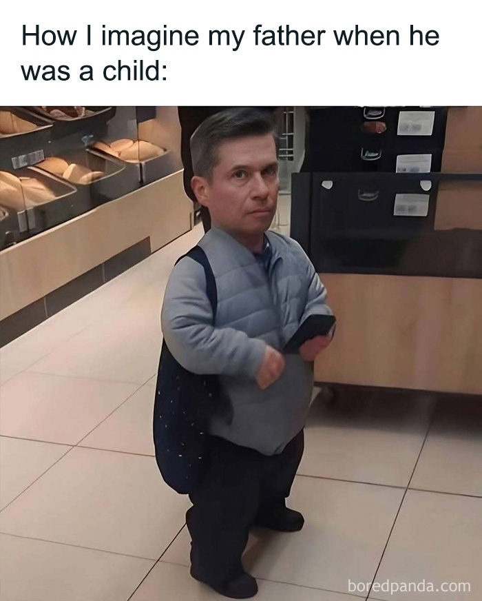 A hilarious meme imagining a father as a child, depicted by a man's head photoshopped onto a toddler's body.