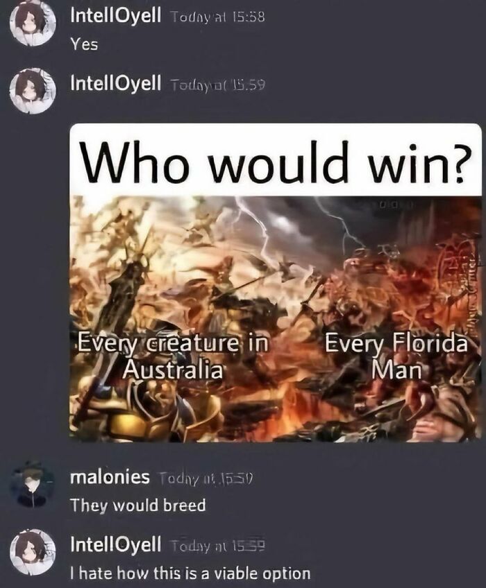A savage comment about a Who Would Win? meme between Australian creatures and Florida Men.