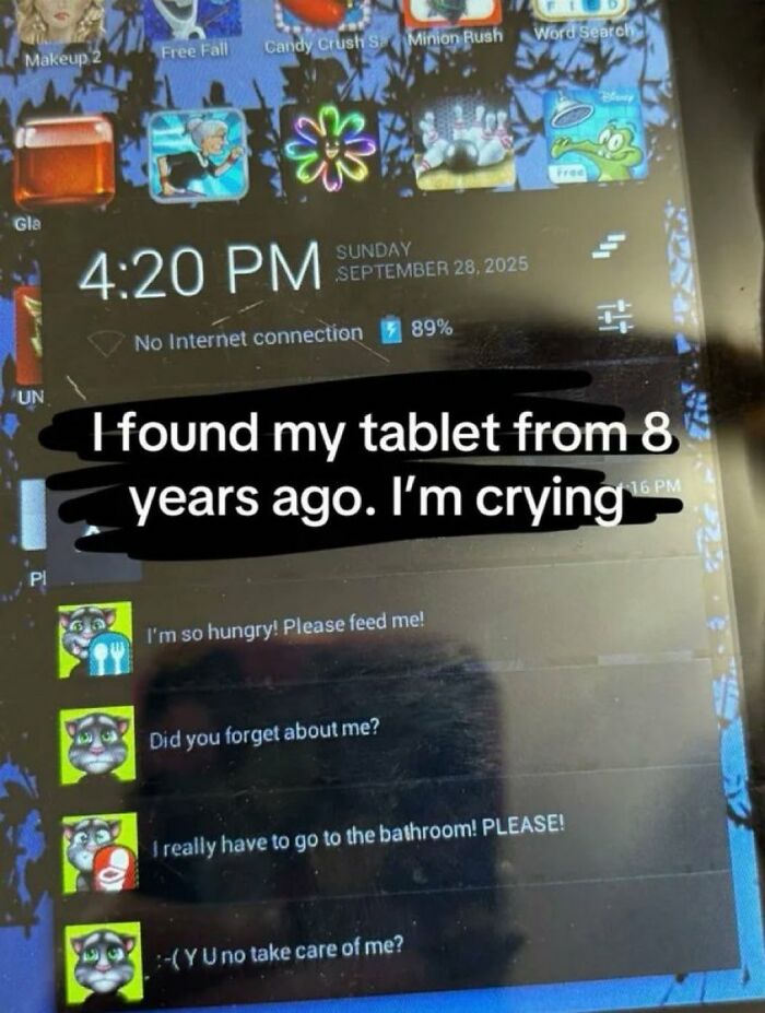 A savage comment on an old tablet showing desperate messages from a Talking Tom-like app.