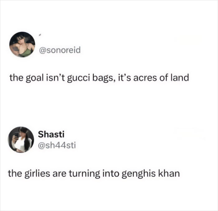 A screenshot of savage comments, where one user states their goal is acres of land, not Gucci bags.