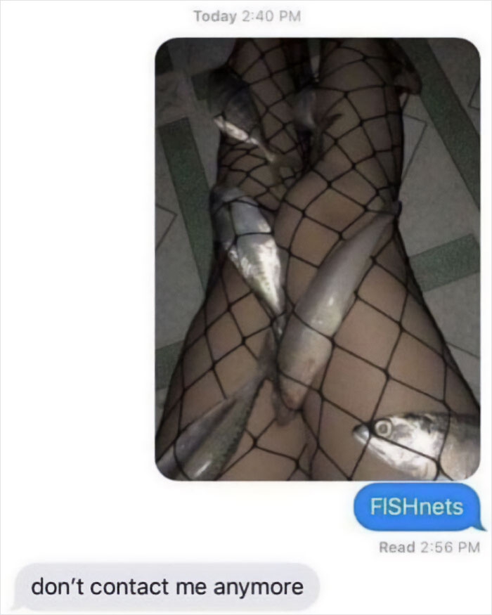 A screenshot of savage comments with a text message and image of fish in fishnets, humorously titled FISHnets.