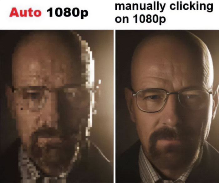 A side-by-side comparison of a pixelated image versus a clear image of Walter White, illustrating funny 1080p comments.