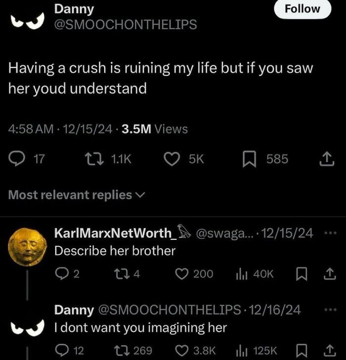 Tweet about having a crush, with a savage comment asking to describe the crush.