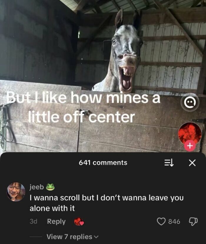 A horse with an open mouth in a stall, above a savage comment about its appearance.