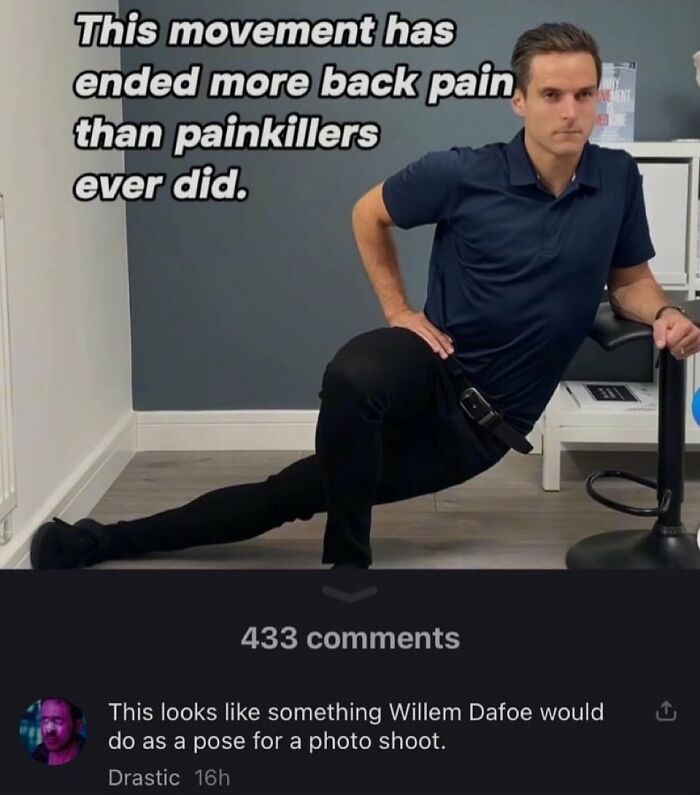 A man in a blue polo doing a hip stretch with text overlay and a savage comment.
