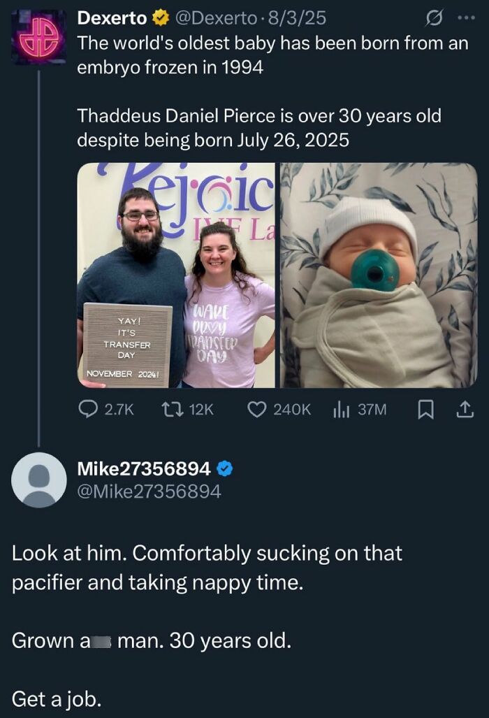 Tweet about the world's oldest baby, showing the baby's parents and the baby, with a savage comment.
