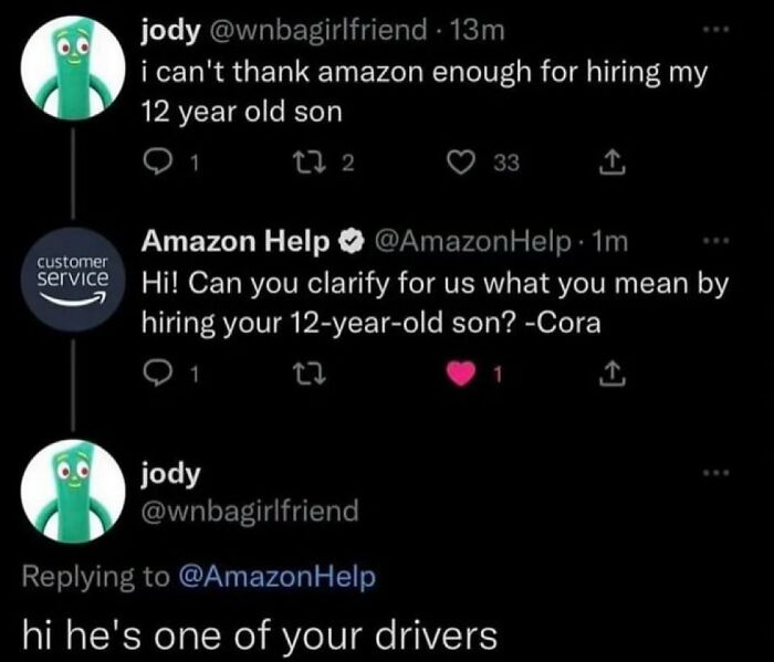 A Twitter conversation where a parent thanks Amazon for hiring their 12-year-old son as a driver, leading to a savage comment exchange.