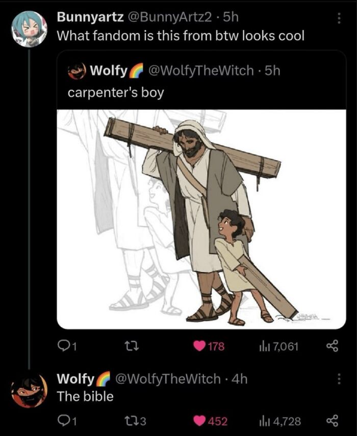 An illustration of a man carrying a cross with a child, followed by a savage comment revealing its biblical origin.