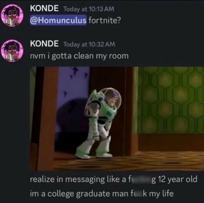 A screenshot of a savage comment and meme of Buzz Lightyear, showing a person's regret for messaging like a kid.