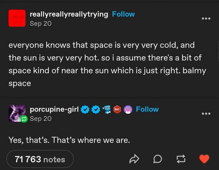 A screenshot of savage comments from people with no chill, discussing space temperature in a funny exchange.