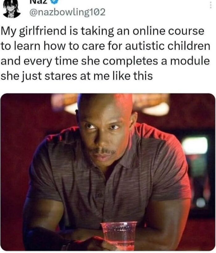 A tweet and an image of a man looking serious, illustrating savage comments about a girlfriend's course and showing people with no chill.