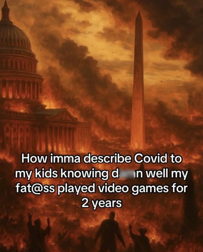 A meme with a background of a burning Washington D.C. and text describing savage comments about Covid, highlighting people with no chill.