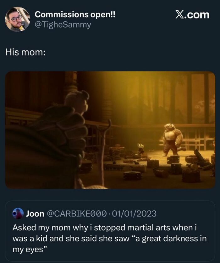 An animation still of characters facing off, with savage comments about martial arts and a great darkness.