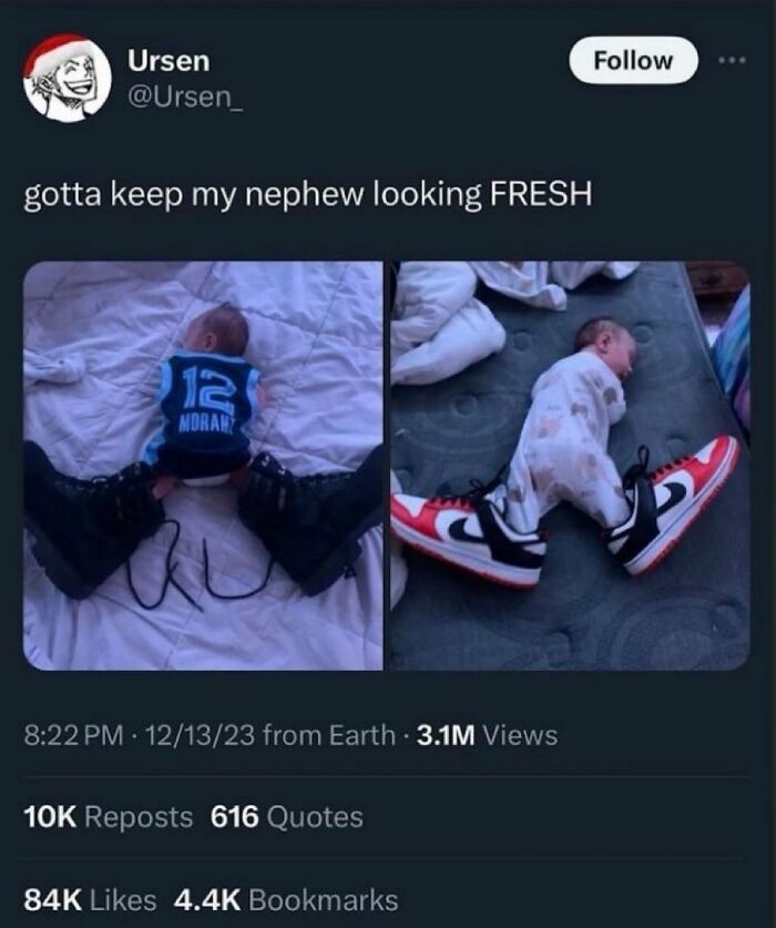 A baby in oversized shoes and a jersey, part of savage comments by people with no chill.
