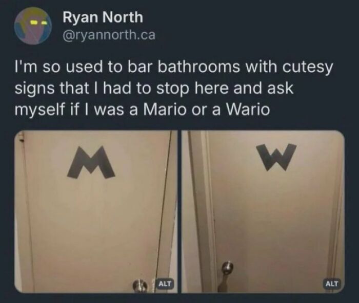 Two bathroom doors, one with an M and one with a W. A savage comment about bar bathroom signs.