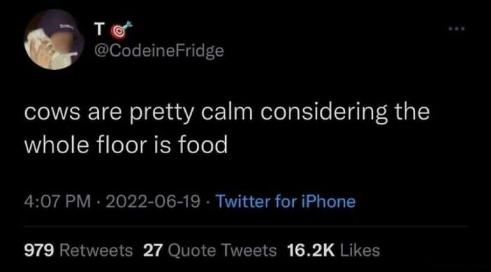 A Twitter post with a savage comment about cows being calm despite the floor being food.