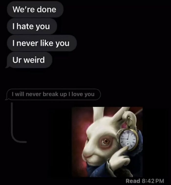 A text conversation with savage comments, including a picture of the White Rabbit from Alice in Wonderland.