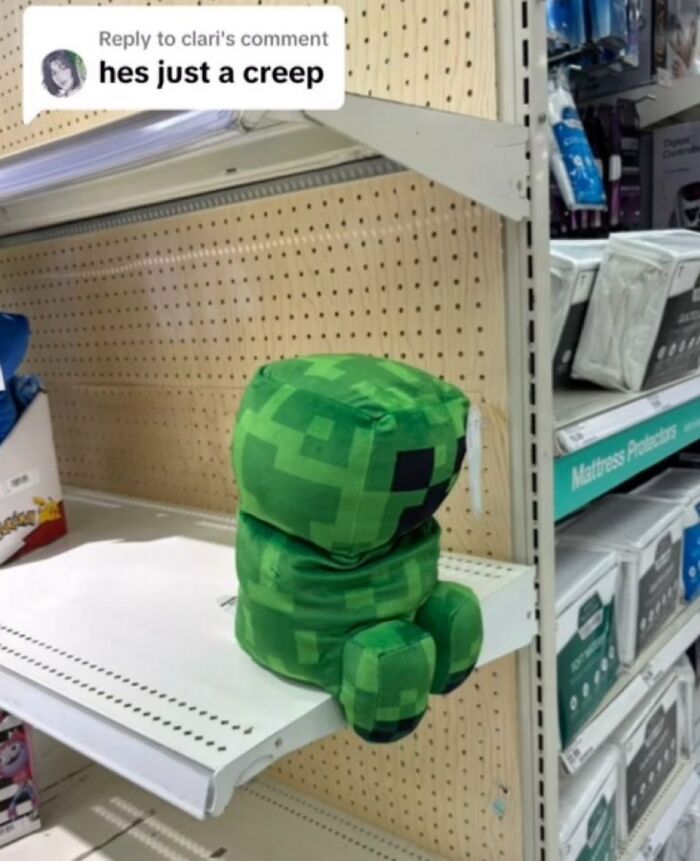 A creeper plush toy from Minecraft sitting on a shelf with a savage comment above it.