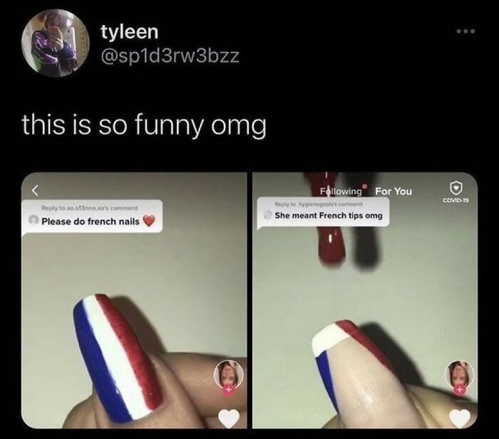 A user's savage comment about someone getting french nails wrong on TikTok.