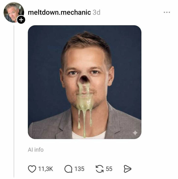Man with distorted nostrils and dripping green slime in humorous nostrils discussion image