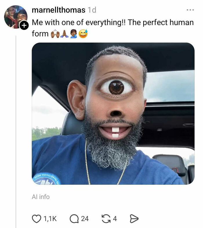 Man with distorted single eye and nose photo effect in car