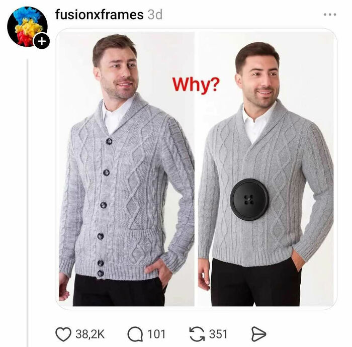 Man wearing gray cardigan with buttons beside alternative with one large button